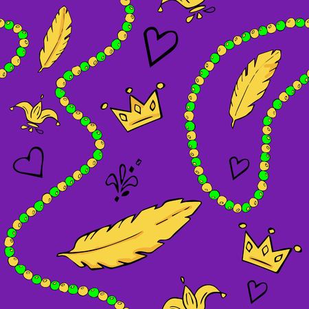 Seamless pattern with beads, masks and other attributes in the colors of the Mardi Gras festivalのイラスト素材