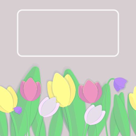 Cheerful and spring illustration with colorful tulips. For banner, postcard or poster with congratulations.&#xD;&#xA;のイラスト素材