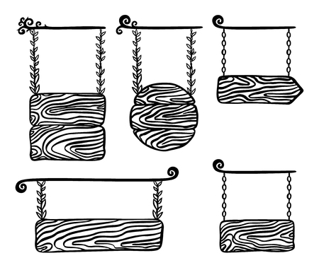 Hand drawn wooden signs set with labels, branches, arrow. Vector set collection doodle elements for design.のイラスト素材