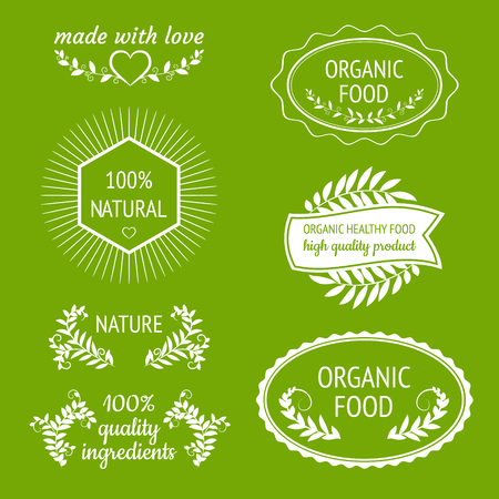 Vector natural, organic, bio, healthy food, quality ingredients labels and shapes. Made with love. Design elements set.のイラスト素材