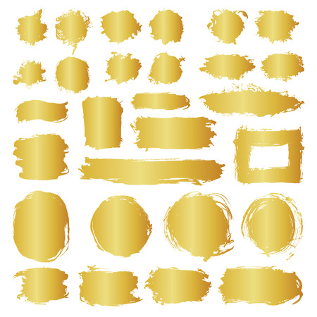 Mega collection of hand drawn golden gradient abstract paint brush strokes. Vector set of shapes, frames isolated on white background. Round, oval, circle, rectangle, border elements for design.のイラスト素材