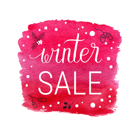 Winter sale background. Vector holidays template hand lettering, falling snow, mistletoe, acorn, alder. Hand drawn red watercolor paint brush spot.のイラスト素材