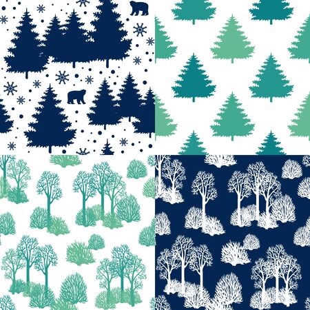 Winter Holiday seamless pattern set with christmas trees, bears, snowflakes. Vector falling snow background for christmas card.のイラスト素材