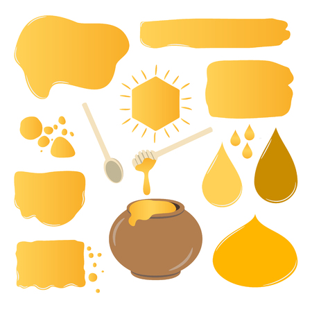 Honey jar, drips, labels, brush strokes set. Vector shapes collection isolated on white background. Beekeeping products. Honey design elements set.のイラスト素材