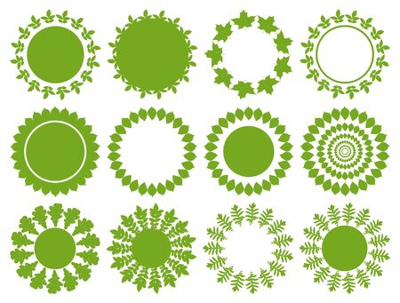Vector green circle labels , mandala, round shapes, frames with grunge leaves. Elements set for natural, organic, bio, healthy, beauty design.のイラスト素材