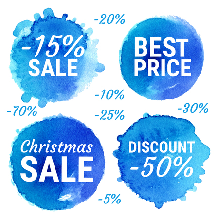 Vector christmas sale, best price labels and round shapes on white background. Hand drawn watercolor blue stains set.のイラスト素材