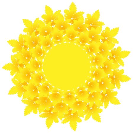 Vector yellow mandala, sun, round shape or label with beautiful ash leaves. Frame, card with colourful gradient leaves imprints. Grunge design element for design.のイラスト素材