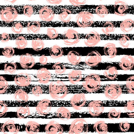 Hand drawn black ink abstract striped seamless pattern with swirls. Vector grunge texture. Paint brush smears on white background.のイラスト素材