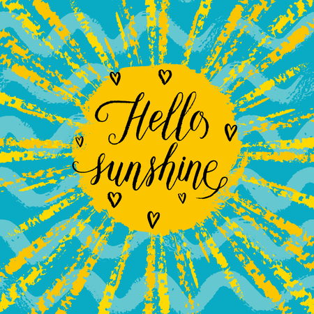 Hello sunshine greeting card, poster, print. Vector background with hand lettering, sun rays, hearts, wave, sun and sea.のイラスト素材