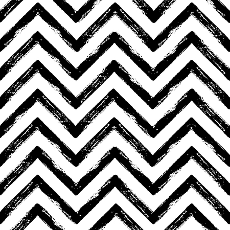 Hand drawn black and white ink abstract ZigZag striped seamless pattern. Vector grunge texture. Monochrome paint brush smears on white background.のイラスト素材