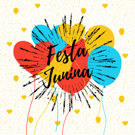 Festa Junina colorful summer calligraphic poster, illustration. Vector carnaval background with balloons, confetti.のイラスト素材
