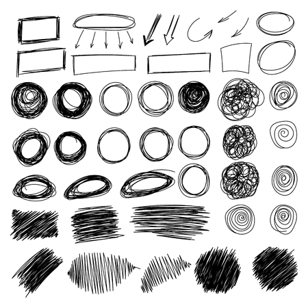 Mega collection of Hand drawn Scribble circle, oval, rectangle, border elements. Vector abstract black pencil doodles set of shapes, frames isolated on white background.のイラスト素材