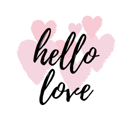Hello love inspirational quote greeting card, poster, cover. Vector hand lettering with pink hearts abstract painted background.のイラスト素材