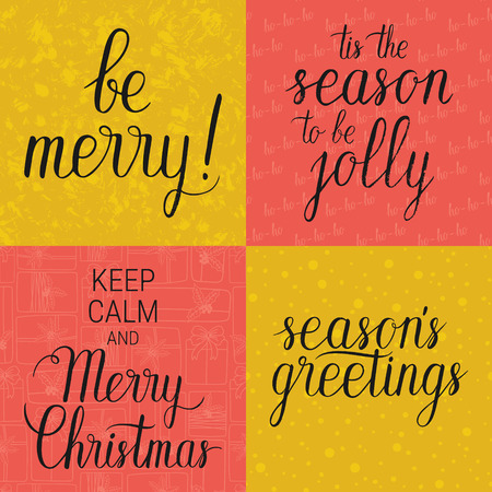 Be merry, Tis the season to be jolly, Keep calm and Merry Christmas, Seasons greetings poster set. Vector winter holidays backgrounds with hand lettering calligraphic.のイラスト素材
