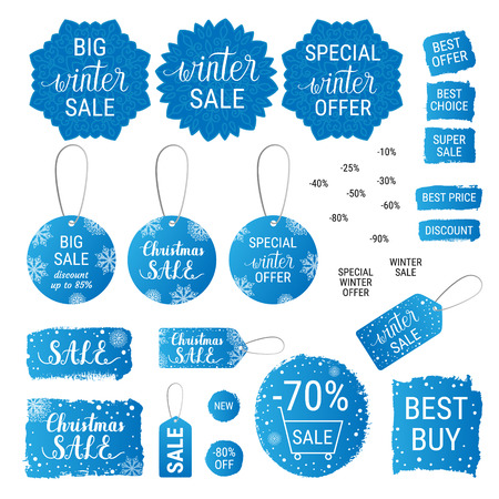 Big winter sale, Christmas sale, special winter offer, best price blue gradient banners, labels, tags, shapes with hand lettering. Vector collection of paint brush strokes. Hand drawn design set.のイラスト素材