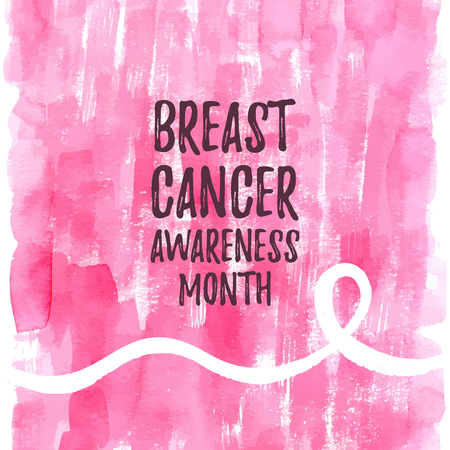 Breast Cancer Awareness Month ribbon banner, poster. Vector text on pink watercolor background, white ribbon.のイラスト素材