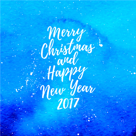 Merry Christmas and Happy New Year 2017 greeting card, poster. Vector winter holidays background with hand lettering, falling snow, hand drawn watercolor blue stain.のイラスト素材