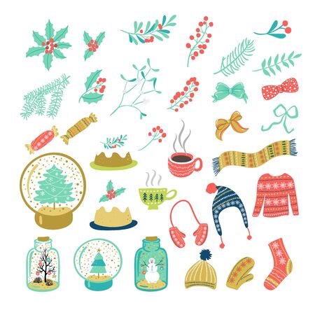 Christmas set. Vector winter holidays mistletoe, gift, pie, sweater, sweets, ribbon elements.のイラスト素材