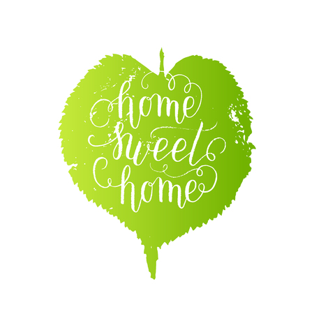Home sweet home poster, print with green leaf. Vector hand lettering quote.のイラスト素材