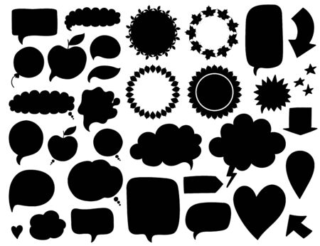 Vector collection of black speech bubbles, labels, shapes isolated on white background. Abstract design elements set.のイラスト素材
