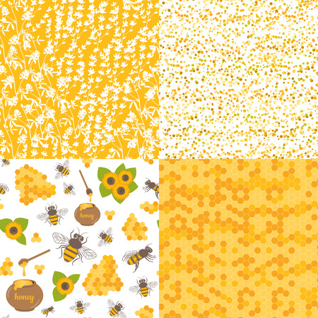 Vector seamless pattern with bee, honeycomb, honey, jar, sunflower. Sweet honey background for beekeeping products.のイラスト素材