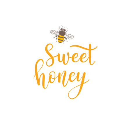 Vector Sweet honey text with bee. Background, logo, label for beekeeping products.のイラスト素材