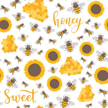 Vector seamless pattern with sunflowers, bees, honey sweet text. Sweet honey background for beekeeping products.のイラスト素材