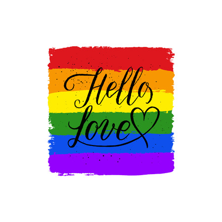 LGBT, gay and lesbian pride greeting cards, posters with spectrum hand drawn paint strokes, hearts, rainbow on Valentine's Day. Vector design elements with hand lettering isolated on white background.のイラスト素材