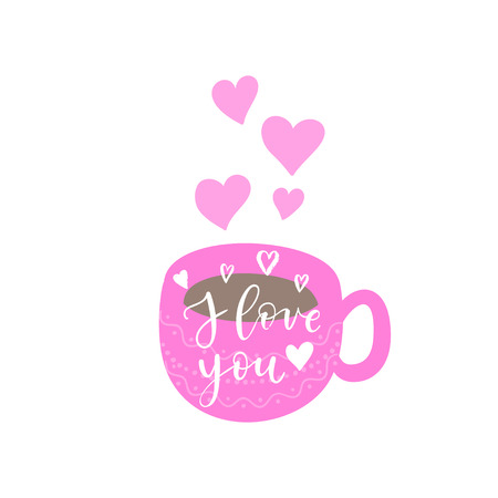 Happy Valentines Day greeting card, poster with hot tea, coffee cup. Vector background with hand lettering.のイラスト素材