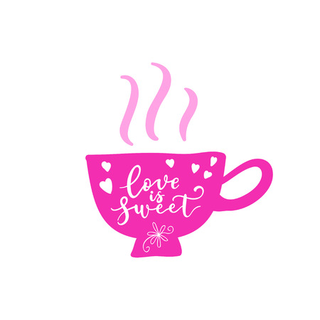 Happy Valentines Day greeting card, poster with hot tea, coffee cup. Vector background with hand lettering.のイラスト素材