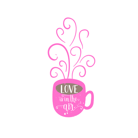 Happy Valentines Day greeting card, poster with hot tea, coffee cup. Vector background with hand lettering.のイラスト素材