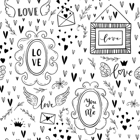 Vector fashion seamless pattern on Happy Valentines Day. Doodle styleのイラスト素材