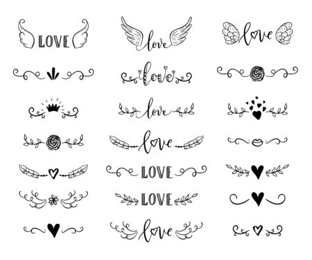 Handdrawn borders set with hearts, crown, wings for Valentines Day and wedding greeting cards, posters. Vector icon.のイラスト素材