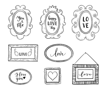 Love greeting cards, posters set with hand drawn frames,borders, hearts. Vector background with hand lettering.のイラスト素材