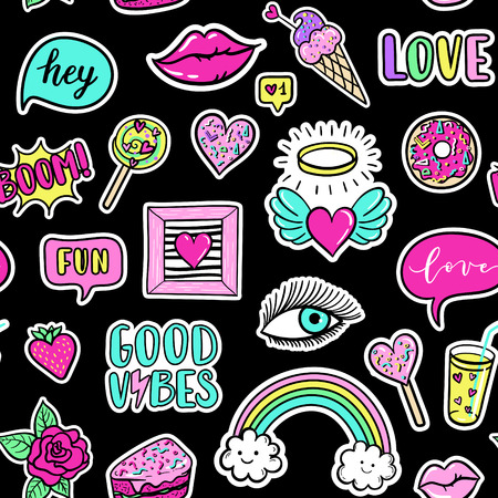 Vector seamless pattern with fashion fun patches: lip, star, and strawberry. Pop art stickers, patches, pins, badges 80s-90s styleのイラスト素材