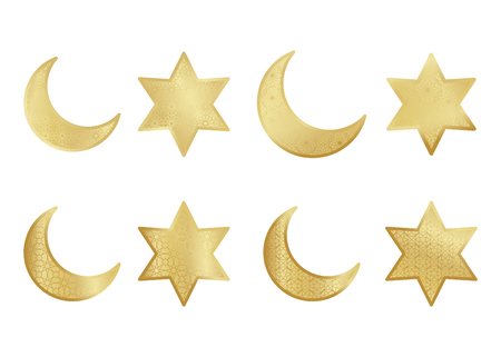 Ramadan Kareem gold greeting card, banner moon and star elements. Vector arabic shining background in islamic styleのイラスト素材