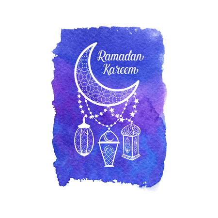 Ramadan Kareem greeting card, banner, poster, logo with lantern, crescent, moon and star elements. Vector arabic background in islamic styleのイラスト素材