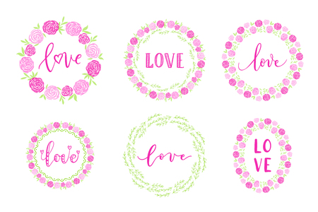 Handdrawn border, wreath, garland set with love text, flower for birthday and wedding greeting cards, posters. Vector icon.のイラスト素材