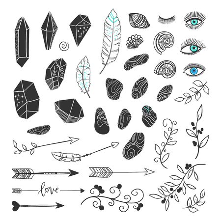Vector boho background set with hand drawn arraw, feather, eyes, shell, stone, branch.のイラスト素材