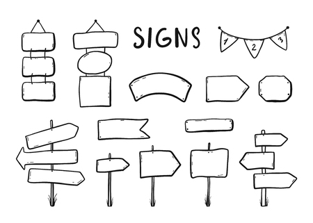Wooden signages, road signs, direction signs, flags, arrows doodle icons set Hand drawn vector illustrationのイラスト素材