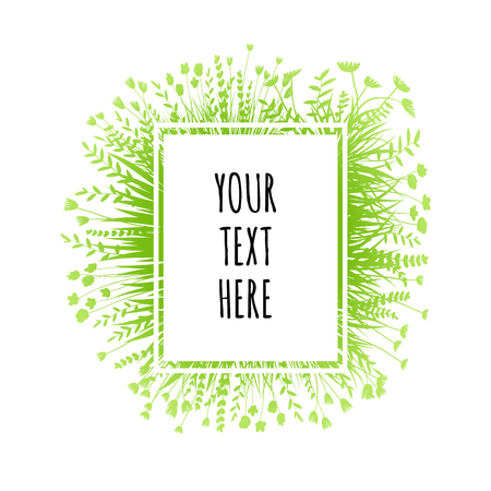 Summer green grass banner, border, frame, label for text. Vector eco, nature background designのイラスト素材