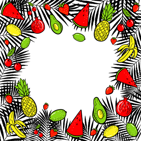 Summer tropical fruits vector illustration. Hand drawn fashion patches : lemon, avocado, pineapple, banana, watermelon on palm leaves background. Pop art patche, pin, badge 80s styleのイラスト素材