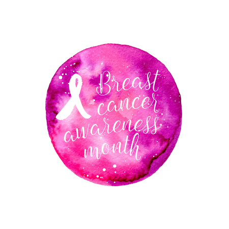 Breast Cancer Awareness Month ribbon banner, poster. Vector text on pink watercolor background, white ribbon.のイラスト素材