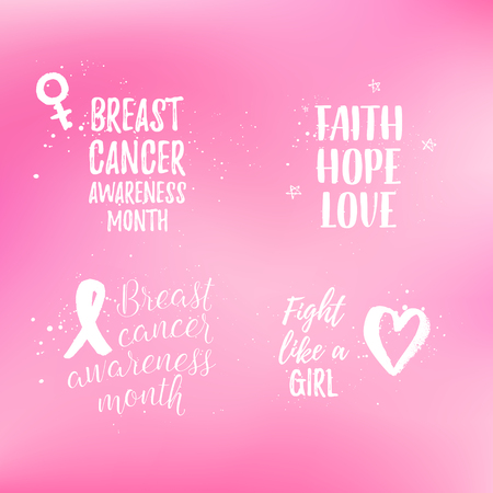 Breast Cancer Awareness Month ribbon, Faith Hope Love, Fight like a Girl banner, elements set. Vector pink gradient text on white background with ribbon, bow, bouquet, heart, wave.のイラスト素材