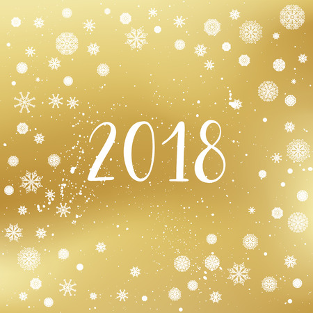 2018 greeting card for New Year. Vector winter holidays golden background with starburst. Hand lettering calligraphic, snowflakes, falling snow.のイラスト素材