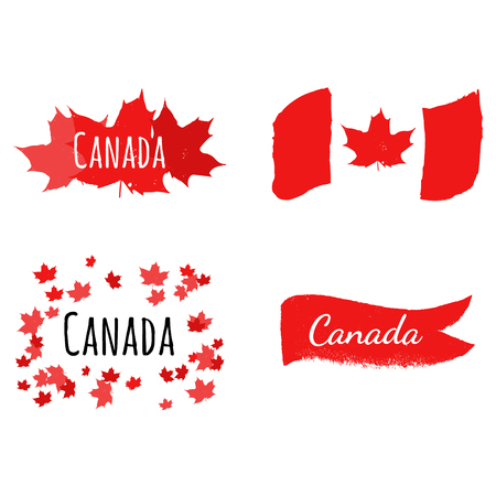 Flag of Canada on grunge style with red maple leaves. Labels setのイラスト素材