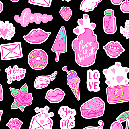 Vector fashion fun patches seamless pattern: I love you, smile, wings, ice cream, camera, sweets, lip, candy, heart. Pop art pink stickers for wedding, Valentine's Day, love prints backgroundのイラスト素材