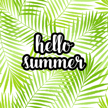 Hello summer text on green tropical palm tree leaves seamless pattern. Vector grunge design card, wallpapers background.のイラスト素材