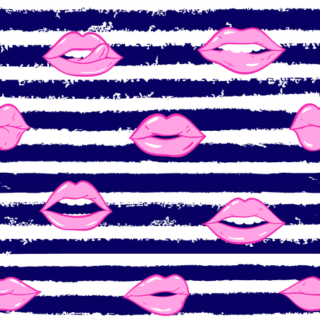 Beauty, makeup, cosmetic fashion seamless pattern. Vector pink color doodle lips patches in pop art  style. Woman's sexy emotions mouth.のイラスト素材