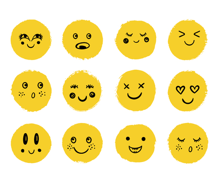 Vector cute happy faces. Doodle cartoon emotion, smileのイラスト素材